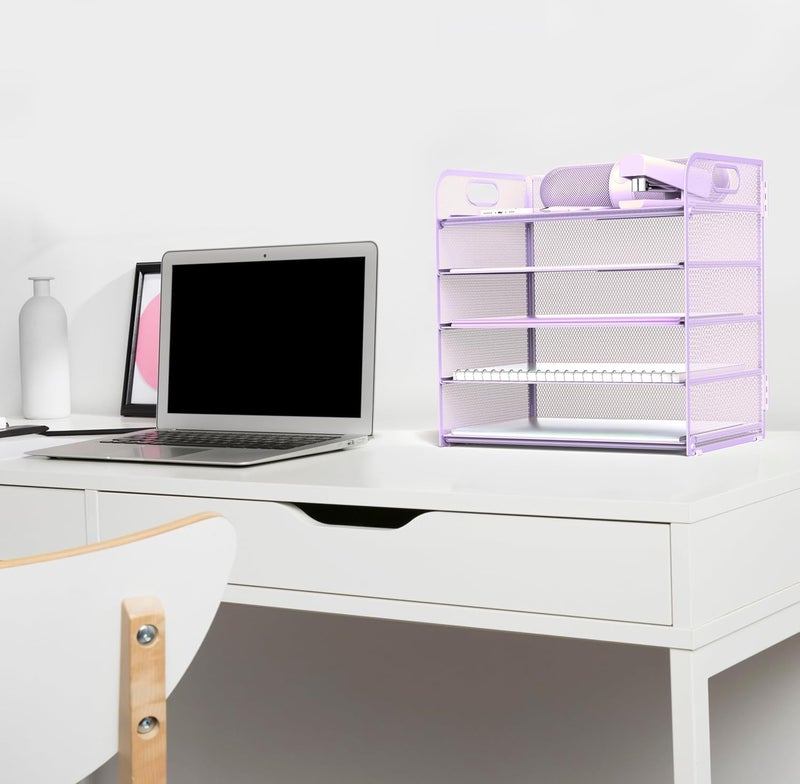 Sinboun Letter Tray Paper Organizer 5-Tier Desk Organizer File Organizer Paper Holder with Handle, Metal Desktop Document Shelf Tray Office Classroom Organization - Purple - Image 4